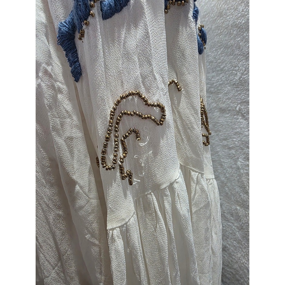 Boho Embroidered Beaded Bell Sleeve Tassel Peasant Blouse Romantic Cottagecore - Picture 8 of 9